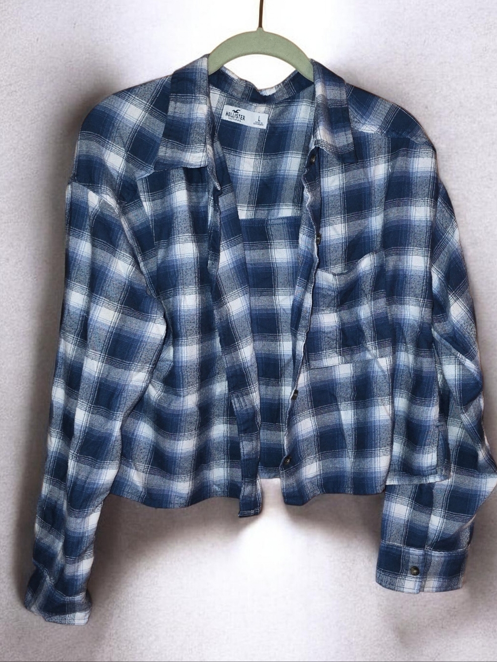 Hollister Navy and White Plaid Crop Flannel